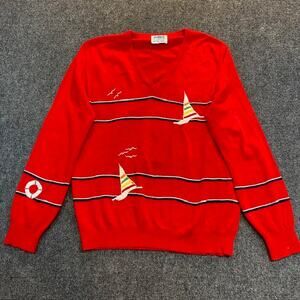 Vintage Ades of California Red Knit Sailboat Sweater Nautical Womens Medium